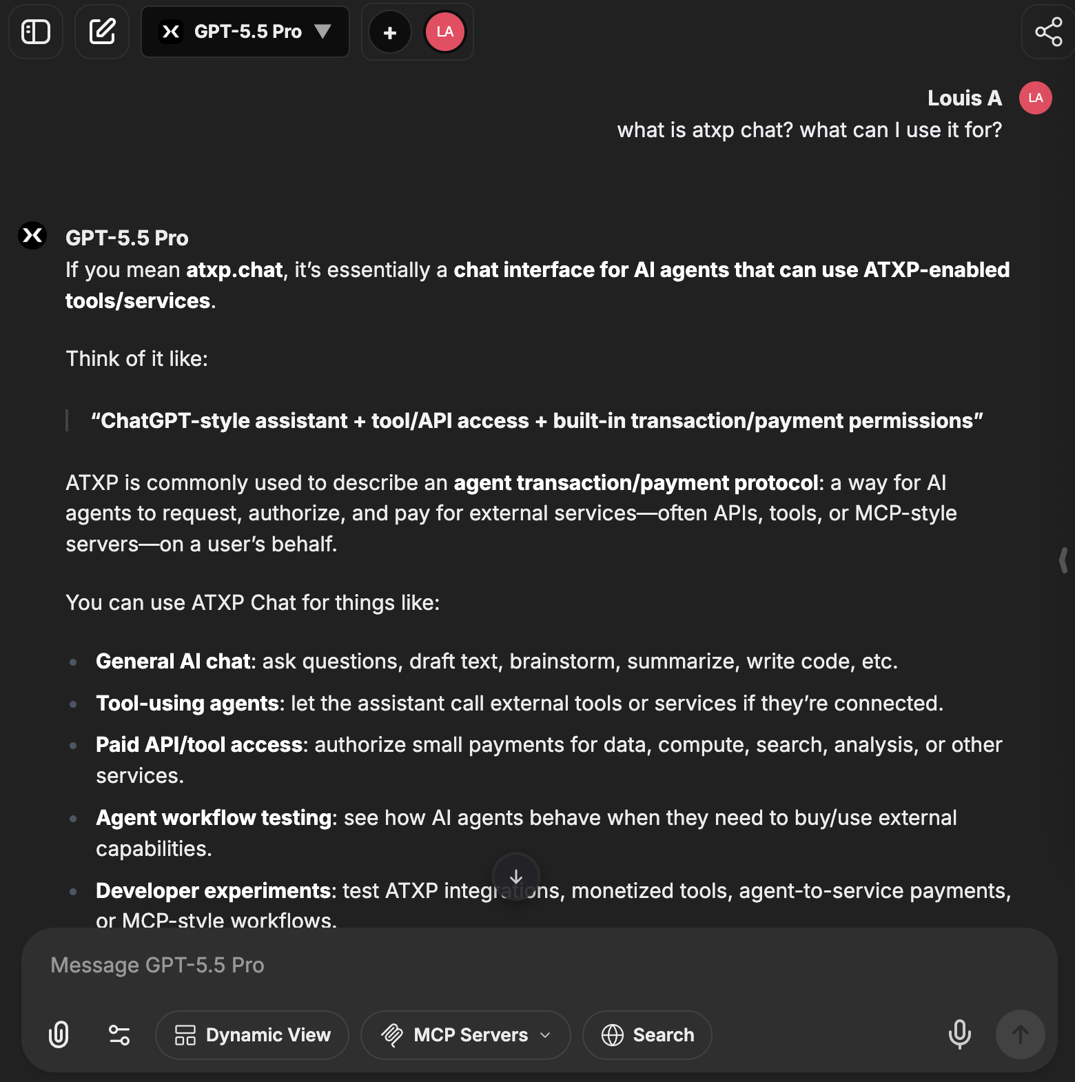 ATXP interface screenshot