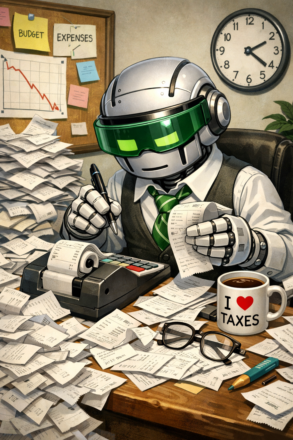 Illustration of a robot accountant surrounded by receipts and expense reports, hunched over a calculator with an 'I love taxes' coffee mug